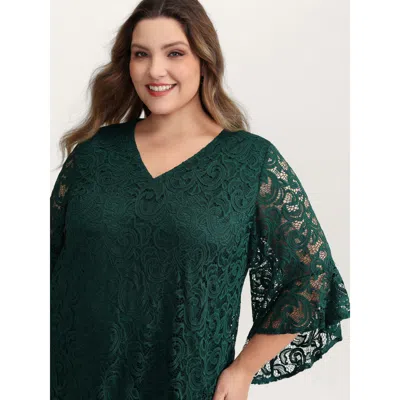 Bloomchic Women's Plus Size Lace Sheer Flared Sleeve V-neck Blouse Darkgreen Non Elegant 3/4 Sleeve 12/l In Green