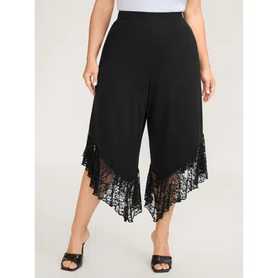 Bloomchic Women's Plus Size Lace Sheer Hem Wide Leg Pants Black Non Wide Leg Mid Rise Elegant 10/m