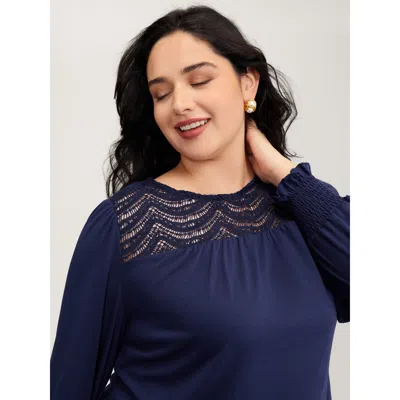 Bloomchic Women's Plus Size Lace Sheer Neckline Balloon Sleeve Knit Top Darkblue Long Sleeve Elegant 12/l In Blue