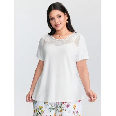 Bloomchic Women's Plus Size Lace Sheer Neckline Flowy T-shirt Originalwhite Synthetic Texture Elegant Short Sl