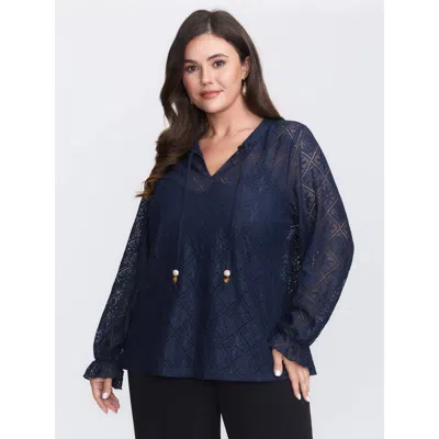 Bloomchic Women's Plus Size Lace Sheer Neck-tie Top Indigo Long Sleeve Elegant Tie-neck 12/l In Purple