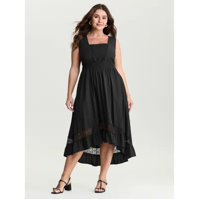 Bloomchic Women's Plus Size Lace Shirred Waist High Low Hem Midi Dress Black Maxi Elegant Lace Trim 28/5x