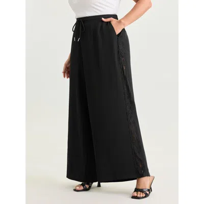 Bloomchic Women's Plus Size Lace Side Panels Drawstring Pants Black Solid Wide Leg Mid Rise Elegant 26/4x