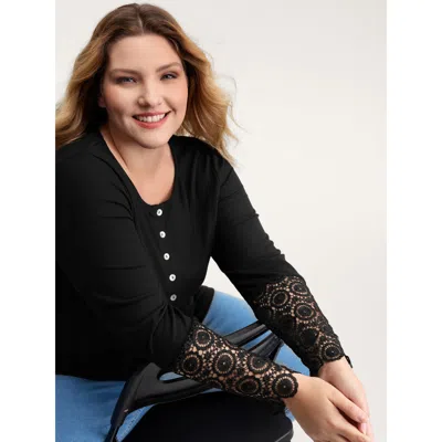 Bloomchic Women's Plus Size Lace Sleeve Button Placket T-shirt Black Non Casual Long Sleeve 12/l