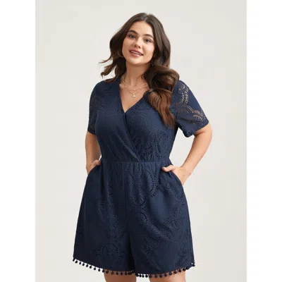 Bloomchic Women's Plus Size Lace Sleeve Stretchy Waist Pockets Romper Navy Not Graphics Vacation No Stretch 30 In Blue