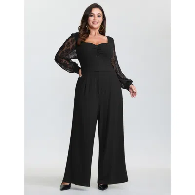 Bloomchic Women's Plus Size Lace Sleeve Sweetheart Neckline Jumpsuit Black Elegant 12/l