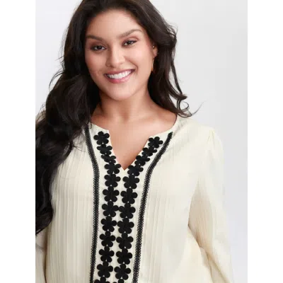Bloomchic Women's Plus Size Lace Spliced Textured Lantern Sleeve Blouse Beige Solid Vacation Long Sleeve V-not In Sand