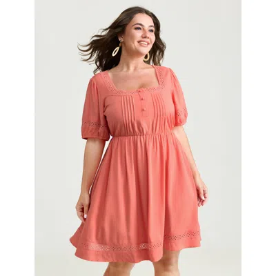 Bloomchic Women's Plus Size Lace Square Neckline Bubble Sleeve Mini Dress Coral Non Short Vacation Tucked Seam In Orange
