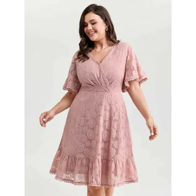 Bloomchic Women's Plus Size Lace Surplice Neckline Ruffled Hem Mini Dress Lightpink Synthetic Texture Short El