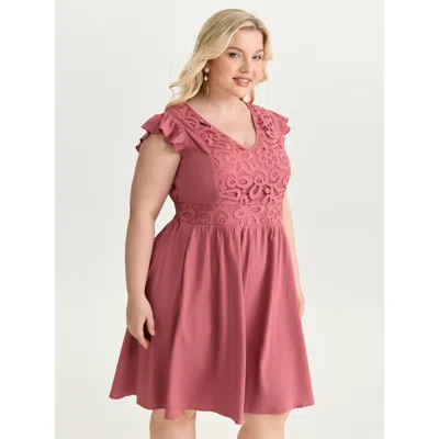 Bloomchic Women's Plus Size Lace Textured Bodice Flutter Sleeve Mini Dress Beanpastepowder Non Knee Elegant 22