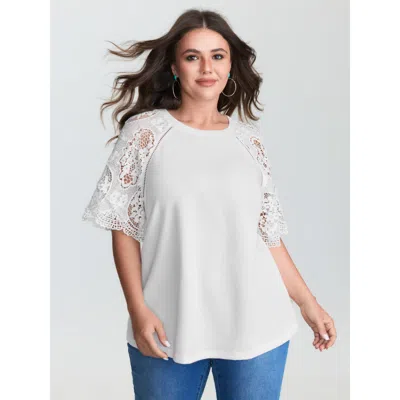 Bloomchic Women's Plus Size Lace Textured Flared Sleeve Plain Blouse Originalwhite Solid Vacation Short Sleeve