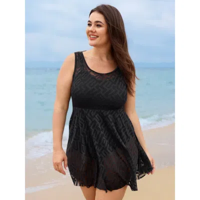 Bloomchic Women's Plus Size Lace Textured Mesh Swim Dress Black Geometric Lace Trim Adjustable Straps 22-24/3x