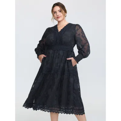 Bloomchic Women's Plus Size Lace Textured Pleated Waist Tiered Midi Dress Indigo Floral Midi Elegant See Throu In Purple