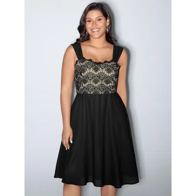 Bloomchic Women's Plus Size Lace Textured Wide Straps Midi Dress Black Party Midi Patchwork Sweetheart Neck 14