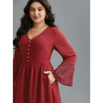 Bloomchic Women's Plus Size Lace Tiered Skirt Elastic Waist V-neck Dress Burgundy Non Midi Everyday Woven Ribb