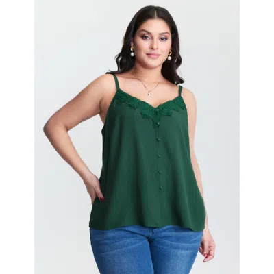 Bloomchic Women's Plus Size Lace Trim Adjustable Button Detail Tank Top Cyan Elegant Fit & Flare V-neck 22-24/ In Blue