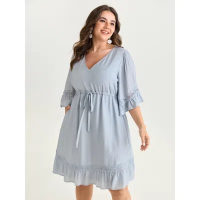 Bloomchic Women's Plus Size Lace Trim Adjustable Drawstring Waist Mini Dress Lightblue Else Maxi Vacation Patc In Blue