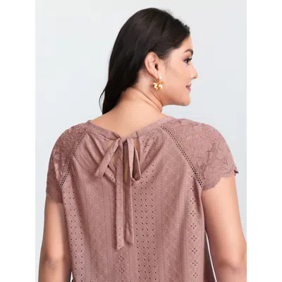 Bloomchic Women's Plus Size Lace Trim Back-tie T-shirt Dustypink Synthetic Texture Elegant Cap Sleeve 10/m In Pink