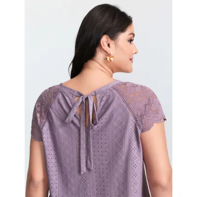 Bloomchic Women's Plus Size Lace Trim Back-tie T-shirt Lilac Synthetic Texture Elegant Cap Sleeve 18-20/2x In Purple