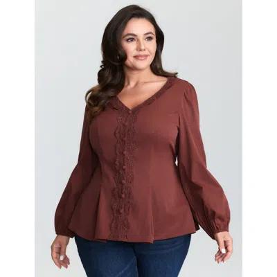 Bloomchic Women's Plus Size Lace Trim Cinched-flared Blouse Rust Solid Elegant Long Sleeve V-neck 22-24/3x In Brown