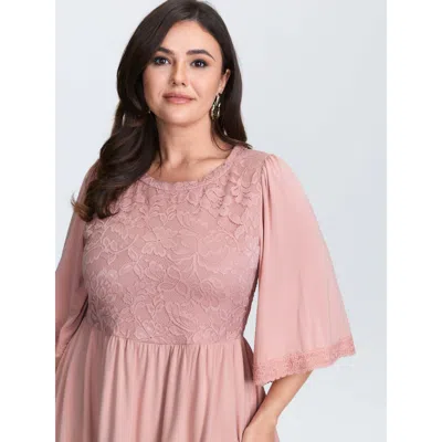 Bloomchic Women's Plus Size Lace Trim Cinched-flared Knit Top Crepe 3/4 Sleeve Elegant Round Neck 10/m