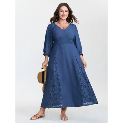 Bloomchic Women's Plus Size Lace Trim Cinched-waist Maxi Dress Cerulean Solid Maxi Vacation Smocked 28/5x In Blue