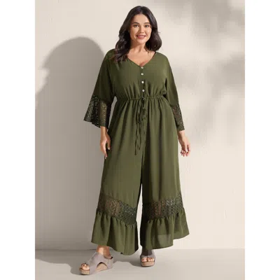 Bloomchic Women's Plus Size Lace Trim Curvy Tiered Hem Jumpsuit Armygreen Casual 12/l