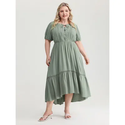 Bloomchic Women's Plus Size Lace Trim Drawstring Neckline Plain Midi Dress Mint Synthetic Texture Midi Elegant In Green