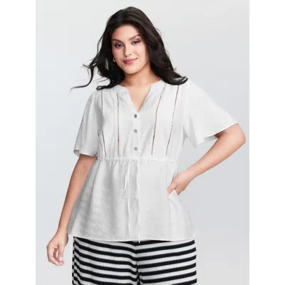 Bloomchic Women's Plus Size Lace Trim Drawstring Waist Plain Blouse Originalwhite Non Casual Short Sleeve 22-2