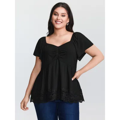 Bloomchic Women's Plus Size Lace Trim Flared Sleeve Ruched-front Knit Top Black Short Sleeve Elegant 10/m