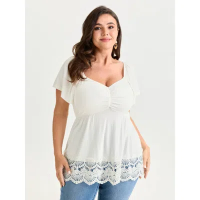Bloomchic Women's Plus Size Lace Trim Flared Sleeve Ruched-front Knit Top Originalwhite Short Sleeve Elegant 1