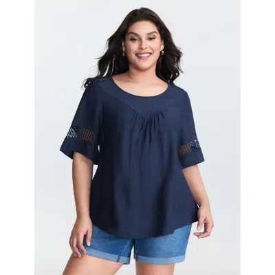 Bloomchic Women's Plus Size Lace Trim Gathered Front Blouse Darkblue Non Casual Half Sleeve 10/m In Blue