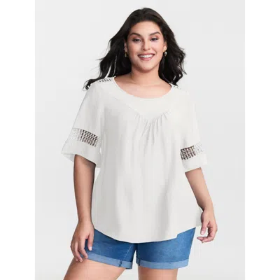 Bloomchic Women's Plus Size Lace Trim Gathered Front Blouse Whitesmoke Non Casual Half Sleeve 10/m