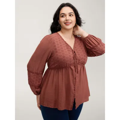 Bloomchic Women's Plus Size Lace Trim High-waist Neck Tie Blouse Rust Non Vacation Long Sleeve 10/m In Brown