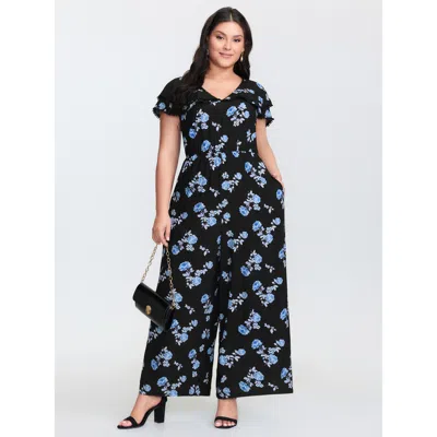 Bloomchic Women's Plus Size Lace Trim Layered V-neck Jumpsuit Black Elegant 22-24/3x