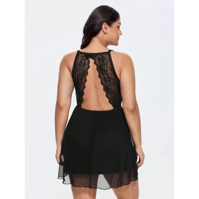 Bloomchic Women's Plus Size Lace Trim Lined Open Back Nightgown Black Sleeveless Length Round Neck 10/m