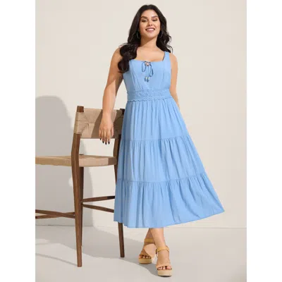 Bloomchic Women's Plus Size Lace Trim Neck Tie Solid Midi Dress Lightblue Non Midi Vacation 18-20/2x In Blue