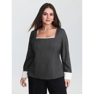 Bloomchic Women's Plus Size Lace Trim Neckline Shirred Blouse Dimgray Stripes Office Long Sleeve Square Neck 1
