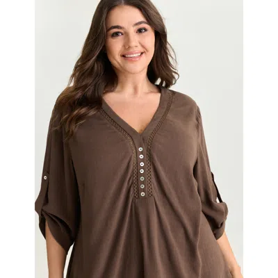 Bloomchic Women's Plus Size Lace Trim Neckline Tab Sleeve Blouse Yellowishbrown Solid Casual Long Sleeve Deep 