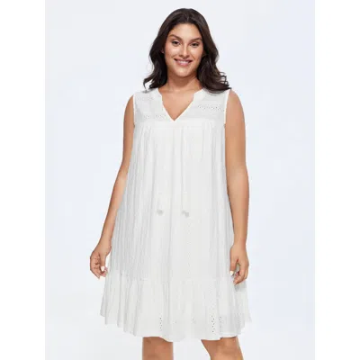 Bloomchic Women's Plus Size Lace Trim Notched Collar Tassel Mini Dress Originalwhite Solid Knee Length Casual 