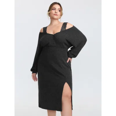 Bloomchic Women's Plus Size Lace Trim Off-shoulder Split Hem Midi Dress Darkgray Non Midi Elegant 18-20/2x In Gray