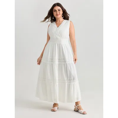 Bloomchic Women's Plus Size Lace Trim Overlap Neckline Tiered Maxi Dress Originalwhite Maxi Vacation Lace Trim