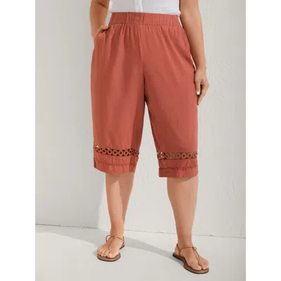 Bloomchic Women's Plus Size Lace Trim Plain Straight-leg Pants Rust Non Straight Fit Mid Rise Vacation 10/m In Brown