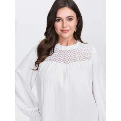 Bloomchic Women's Plus Size Lace Trim Pleated Flowy-fit Blouse Ivory Synthetic Texture Elegant Extra Long Slee In White