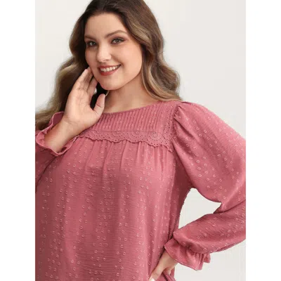 Bloomchic Women's Plus Size Lace Trim Pleated Textured Blouse Watermelon Synthetic Texture Elegant Long Sleeve In Green