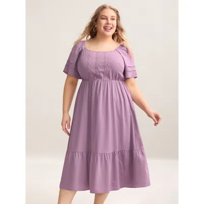 Bloomchic Women's Plus Size Lace Trim Pockets Stretchy Waist Tiered Dress Heather Non Midi Elegant Tucked Seam In Gray