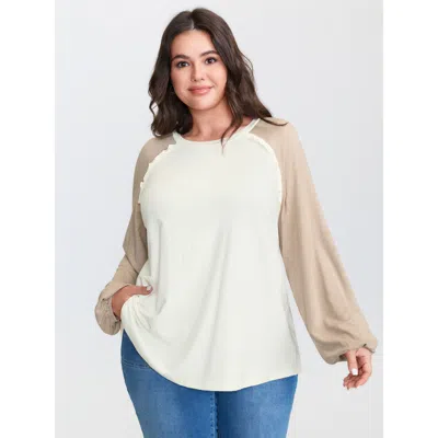 Bloomchic Women's Plus Size Lace Trim Raglan Sleeve Color Contrast T-shirt Whitesmoke Solid Casual Long Sleeve