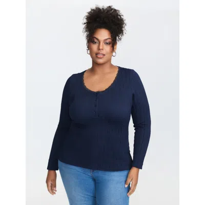 Bloomchic Women's Plus Size Lace Trim Ribbed V-neck T-shirt Darkblue Solid Elegant Long Sleeve U-neck 18-20/2x In Blue