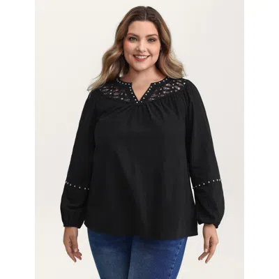 Bloomchic Women's Plus Size Lace Trim Rivets Cut-out Blouse Black Non Elegant Long Sleeve 10/m