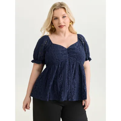 Bloomchic Women's Plus Size Lace Trim Ruched Bodice Blouse Indigo Synthetic Texture Elegant Short Sleeve 10/m In Purple